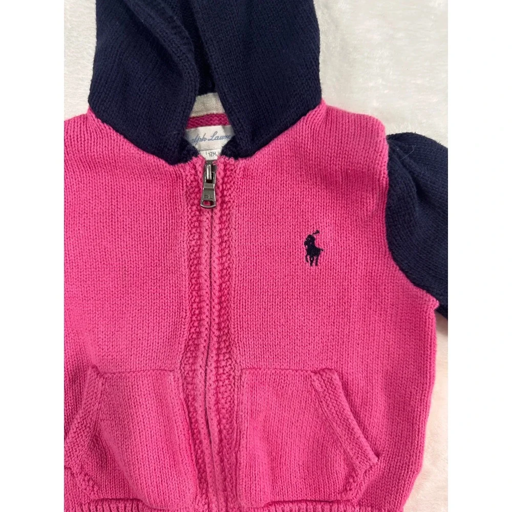 Ralph Lauren Knit Full Zip Hooded Sweater 12M Pink Navy Blue Colorblock Kids